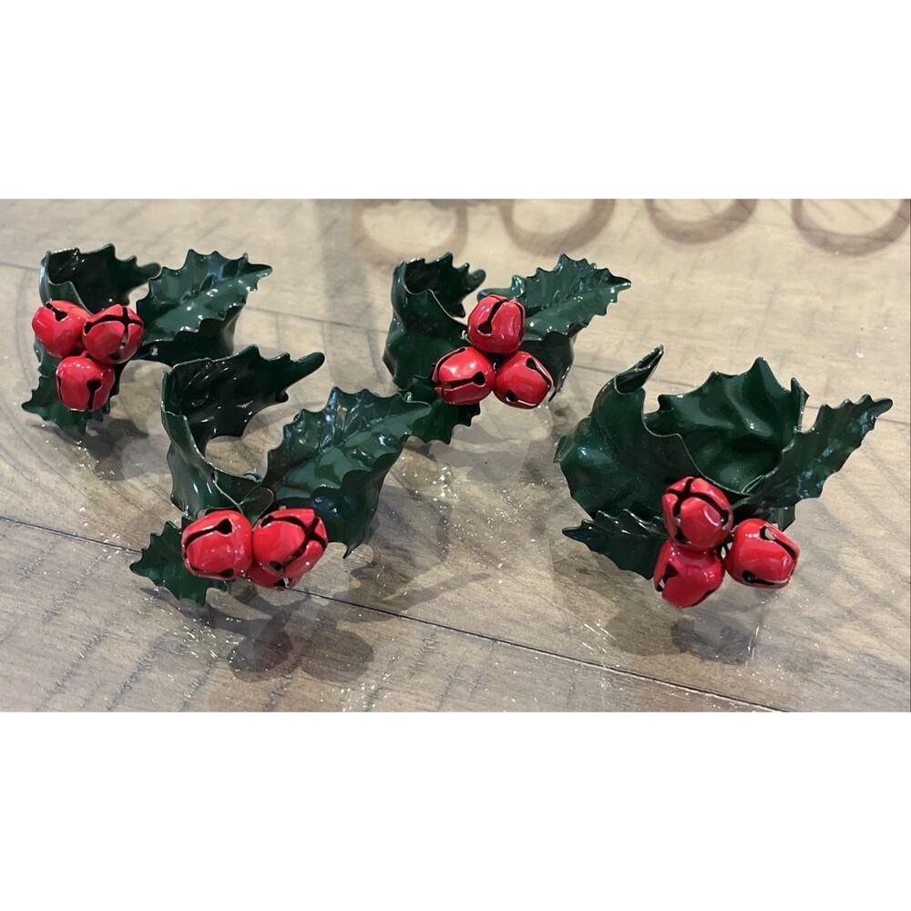 Dept 56 Christmas Holly Bells Napkin Rings Holders Set 4 Red Berry Jingle Holida